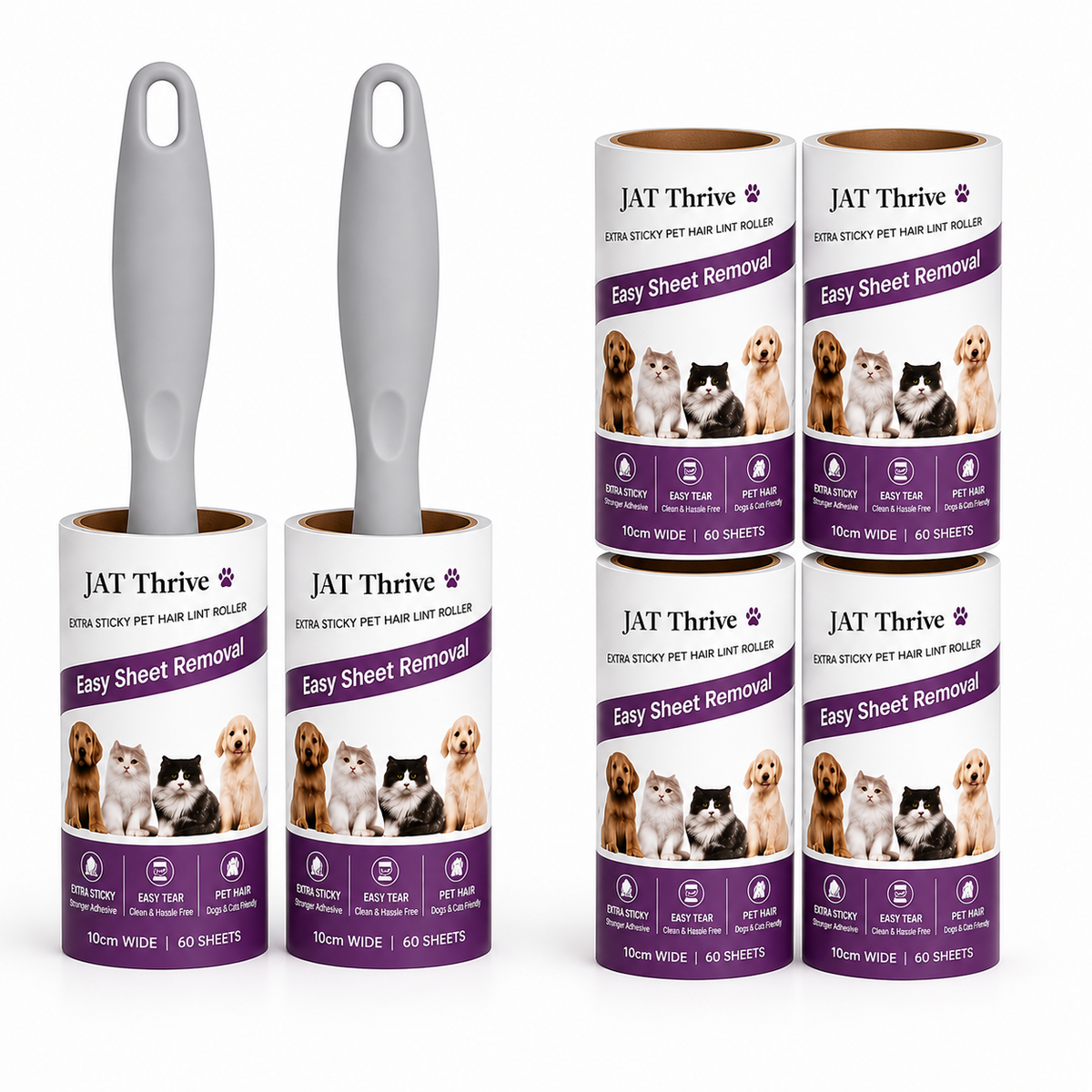 Lint Roller for Pet Hair – 360 Sheets, 6 Refills + 2 Upgraded Handles, Strong Adhesive, Easy-Tear Travel Kit for Dog & Cat Owners, Clothes, Sofa, Carpet, Furniture & Car