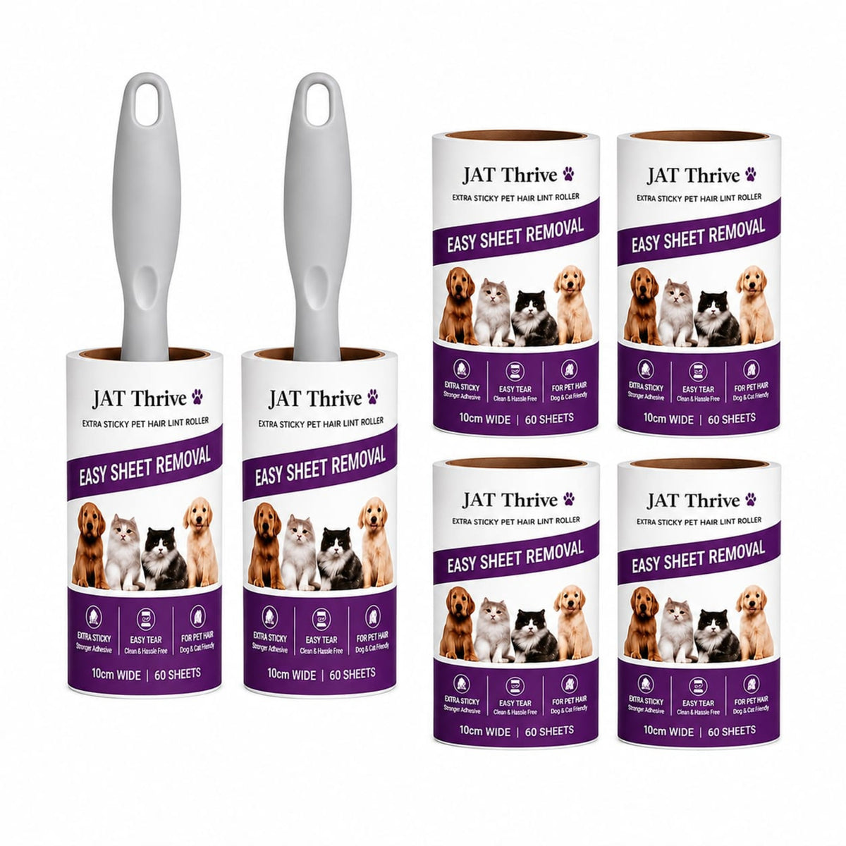 Lint Roller for Pet Hair – 360 Sheets, 6 Refills + 2 Upgraded Handles, Strong Adhesive, Easy-Tear Travel